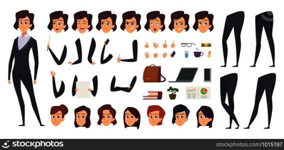 Business woman animation. Creation kit female manager body parts and office tools vector character constructor. Businesswoman and lady business face and pose illustration. Business woman animation. Creation kit female manager body parts and office tools vector character constructor