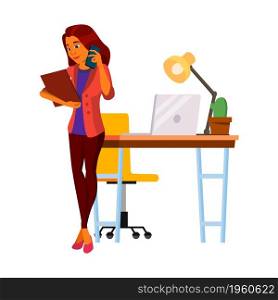 Business Woman Assistance Talk On Phone Vector. Latin Businesswoman Talking With Employee On Mobile Phone And Discussing About Project. Character Corporate Connection Flat Cartoon Illustration. Business Woman Assistance Talk On Phone Vector