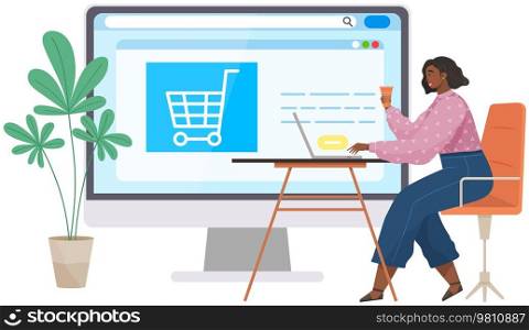 Business woman at office work with online payment, shopping in online store with application online marketting. E-commerce buyer makes purchases remotely from home using mobile app and laptop computer. Business woman at office work with online payment, shopping online application, online marketting