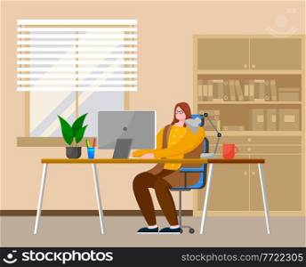 Business woman at the desk is working on the laptop computer vector illustration in flat style. Secretary in office workspace, businesswoman person in glasses sitting at a table typing with keyboard. Business woman at the desk is working on the laptop computer vector illustration in flat style