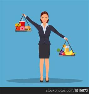 Business woman balancing junk food and healthy food on two weighing trays on both hands. Healthy lifestyle. Vector illustration in flat style. Business woman balancing