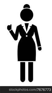 Business woman black silhouette. Lady dressed formal suit full length isolated on white background. Female raised her hand makes a welcome gesture. Holding thumb up, consent sign good job, well done. Business woman black silhouette. Lady dressed formal suit full length over white background