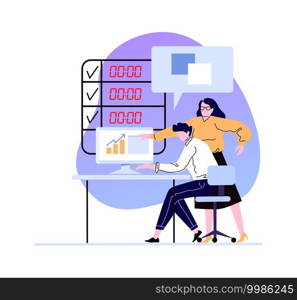 Business woman boss explain to worker in office. Illustration office boss, worker manager professional explaining to employee, businesswoman discussion with staff vector. Business woman boss explain to worker in office