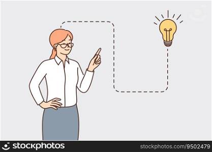 Business woman came up with idea points finger at light bulb suggesting marketing plan to achieve company goals. Girl manager works in corporation and talks about idea to increase productivity. Business woman came up with idea points finger at light bulb suggesting marketing plan