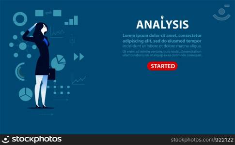 Business woman character an analysis. Concept business illustration banners of websites and more. Template. Business woman character an analysis. Concept business illustration banners of websites and more. Template