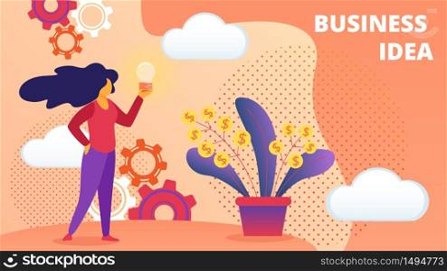 Business Woman Character Holding Shining Lightbulb. Young Girl with Illuminated Light Bulb in Hands. Creative Business Idea, Insight, Innovation, New Project. Cartoon Flat Vector Illustration, Banner. Business Woman Character Holding Shining Lightbulb