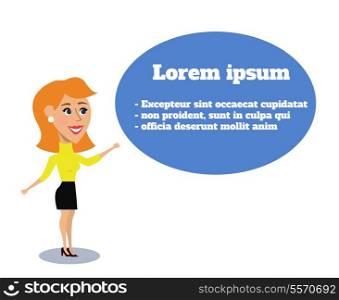 Business woman character making public presentation speech with talk bubble concept isolated vector illustration