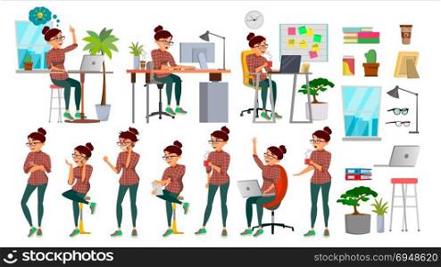 Business Woman Character Set Vector. Working People Set. Office, Creative Studio. Female Business Situation. Girl Programmer, Designer, Manager. Poses, Emotions. Cartoon Character Illustration. Business Woman Character Set Vector. Working People Set. Office, Creative Studio. Female Business Situation. Girl Programmer, Designer, Manager. Poses, Emotions Character Illustration