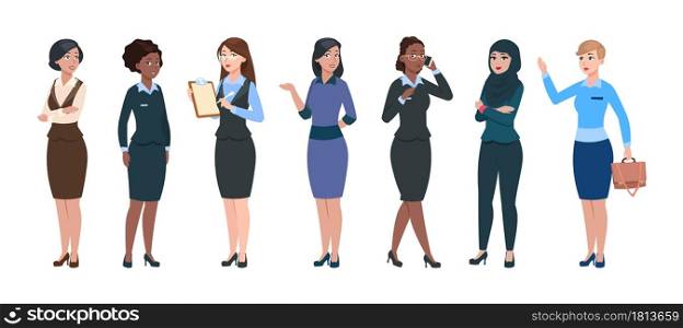 Business woman characters. Isolated professional young businesswomen. Smart elegant femmes, office corporate dress code. Arab and afro american ladies, secretary or assistants vector illustration. Business woman characters. Isolated professional young businesswomen. Arab and afro american ladies, secretary or assistants vector