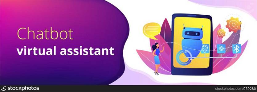 Business woman chatting with messages to chatbot application. Chatbot virtual assistant, smartphone assistant app, message chatbot concept. Header or footer banner template with copy space.. Chatbot virtual assistant via messaging concept banner header.