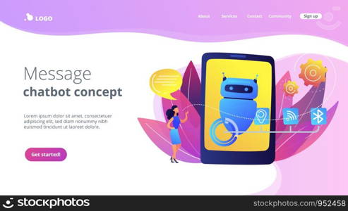 Business woman chatting with messages to chatbot application. Chatbot virtual assistant, smartphone assistant app, message chatbot concept. Website vibrant violet landing web page template.. Chatbot virtual assistant via messagingconcept landing page.