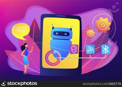 Business woman chatting with messages to chatbot application. Chatbot virtual assistant, smartphone assistant app, message chatbot concept. Bright vibrant violet vector isolated illustration. Chatbot virtual assistant via messaging concept vector illustration.
