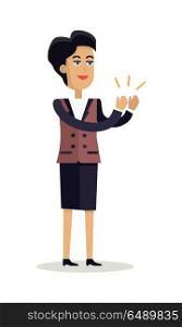 Business Woman Clapping Hands with Happy Face. Business woman with black hair and in business suit stands and applauds. Woman clapping hand with happy face. Smiling woman personage in flat design isolated on white background. Vector illustration