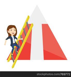 Business woman climbing the ladder. Business woman climbing on mountain with arrow going up. Woman climbing upward on the top of mountain. Vector flat design illustration isolated on white background.. Business woman climbing on mountain.
