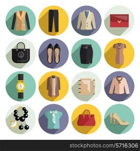 Business woman clothes icons set with purse jewellery cosmetics bag isolated vector illustration