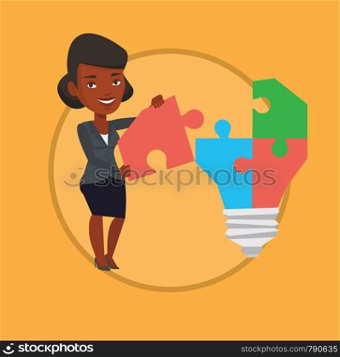 Business woman completing idea bulb made of puzzle. Business woman inserts the missing puzzle in idea bulb. Business idea concept. Vector flat design illustration in the circle isolated on background.. Businesswoman having business idea.
