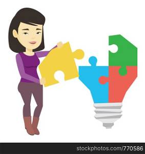 Business woman completing idea light bulb made of puzzle. Business woman inserts missing puzzle in idea light bulb. Business idea concept. Vector flat design illustration isolated on white background.. Asian businesswoman having business idea.