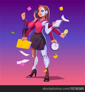 Business woman cyborg with many hands. Multitasking robot, professional assistant with ai. Vector cartoon chatbot character, businesswoman with phone, clock, note pad and bag in arms. Multitasking business woman cyborg with many hands