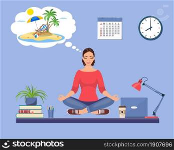 Business woman doing yoga, calm down, relaxing and dreaming about vacation on a tropical island. Employee at workplace. Business concept.Vector illustration in flat style. Business woman doing yoga