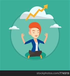 Business woman doing yoga in lotus position and thinking about the growth graph. Business woman meditating in yoga lotus position. Vector flat design illustration in the circle isolated on background.. Peaceful business woman doing yoga.