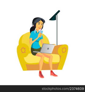 Business Woman Drink Juice In Living Room Vector. Asian Businesswoman Sitting In Armchair, Watching Movie Or Chatting On Laptop And Drinking Juice. Character Flat Cartoon Illustration. Business Woman Drink Juice In Living Room Vector