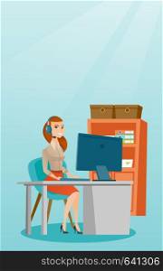 Business woman during video conference in the office. Business woman with headset working on a computer in the office. Call center operator at work. Vector flat design illustration. Vertical layout.. Business woman with headset working at office.