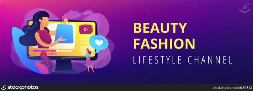 Business woman enjoys video with buyer on shopping sprees. Shopping sprees video, haul video content, beauty fashion lifestyle channel concept. Header or footer banner template with copy space.. Shopping sprees video concept banner header.