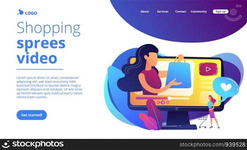 Business woman enjoys video with buyer on shopping sprees. Shopping sprees video, haul video content, beauty fashion lifestyle channel concept. Website vibrant violet landing web page template.. Shopping sprees video concept landing page.