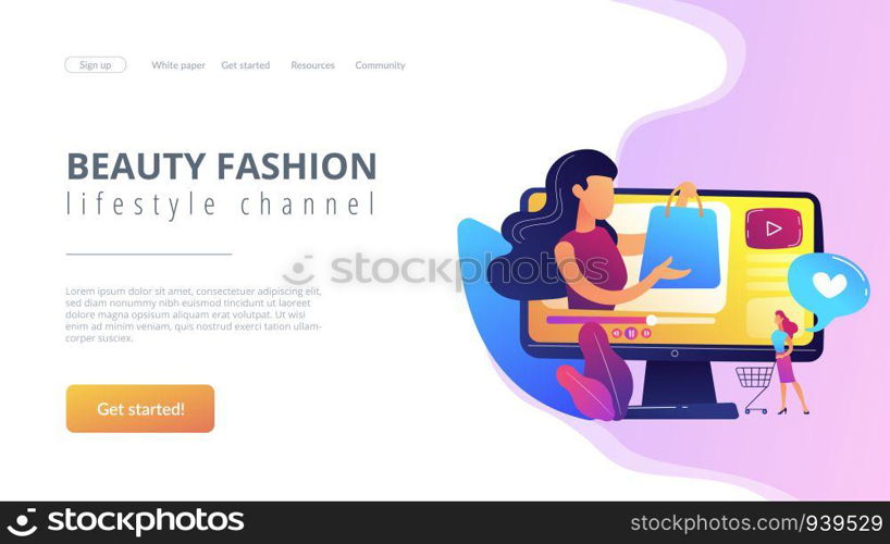 Business woman enjoys video with buyer on shopping sprees. Shopping sprees video, haul video content, beauty fashion lifestyle channel concept. Website vibrant violet landing web page template.. Shopping sprees video concept landing page.