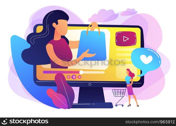 Business woman enjoys video with buyer on shopping sprees. Shopping sprees video, haul video content, beauty fashion lifestyle channel concept. Bright vibrant violet vector isolated illustration. Shopping sprees video concept vector illustration.
