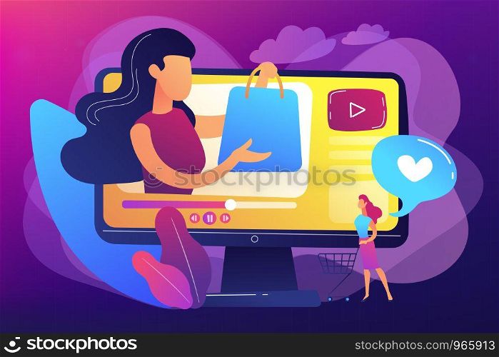 Business woman enjoys video with buyer on shopping sprees. Shopping sprees video, haul video content, beauty fashion lifestyle channel concept. Bright vibrant violet vector isolated illustration. Shopping sprees video concept vector illustration.