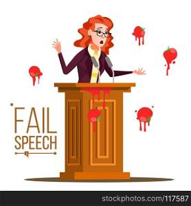 Business Woman Fail Speech Vector. Unsuccessful Messaging. Bad Feedback. Having Tomatoes From Crowd. Tribune, Rostrum With Microphone. Failed Communication. Illustration. Business Woman Fail Speech Vector. Unsuccessful Messaging. Bad Feedback. Having Tomatoes From Crowd. Tribune, Rostrum With Microphone. Failed Communication. Isolated Illustration