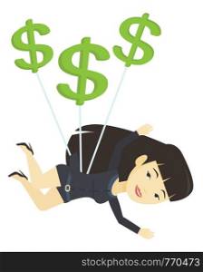 Business woman flying with dollar signs. Business woman gliding in the sky with dollars. Business woman using dollar signs as parachute. Vector flat design illustration isolated on white background.. Business woman flying with dollar signs.