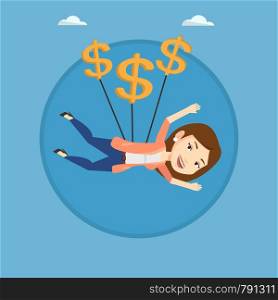 Business woman flying with dollar signs. Business woman gliding with dollars. Business woman using dollar signs as parachute. Vector flat design illustration in the circle isolated on background.. Business woman flying with dollar signs.