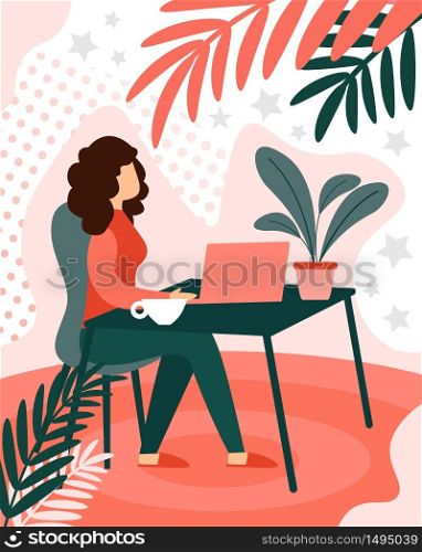 Business Woman Freelancer Remotely Working on Laptop Sitting at Domestic Table Workplace. Freelance, Outsourced Employees Home Office Occupation, Girl Work on Computer Cartoon Flat Vector Illustration. Busy Woman Freelancer Remotely Working on Laptop