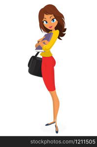 Business woman girl character with folder for papers and handbag posing. Vector illustration of woman in red dress and yellow shirt.