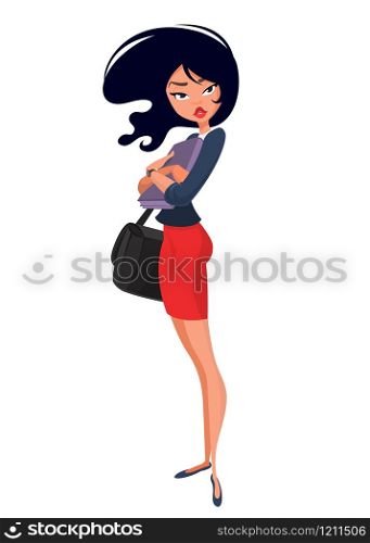 Business woman girl character with folder for papers and handbag posing. Vector illustration of woman in red dress and yellow shirt.