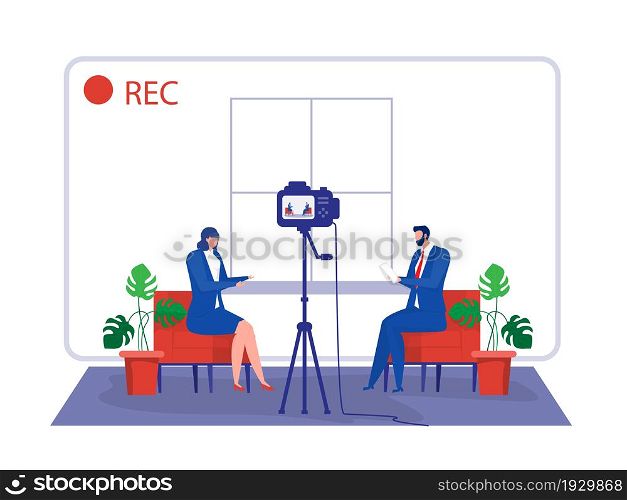 business woman gives interview to television presenter in broadcast studio. Internet interview channel concept. Cartoon vector illustration