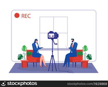business woman gives interview to television presenter in broadcast studio. Internet interview channel concept. Cartoon vector illustration