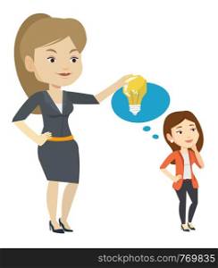 Business woman giving idea to her partner. Young caucasian woman holding idea light bulb over head of her collegue. Business idea concept. Vector flat design illustration isolated on white background.. Business woman giving idea bulb to her partner.