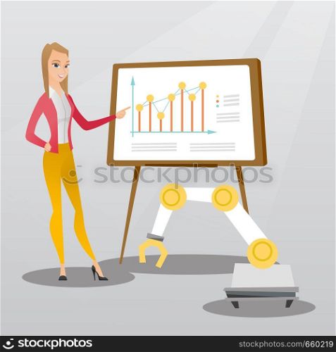 Business woman giving presentation on the theme of robotic technology usage. Business woman and robotic arm standing on the background of board with charts. Vector cartoon illustration. Square layout.. Woman and robot giving business presentation.