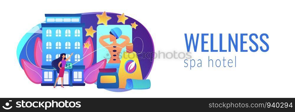 Business woman giving rating stars to hotel with spa and bodywork. Wellness and spa hotel, enjoyable lifestyle, massage and bodywork service concept. Header or footer banner template with copy space.. Wellness and spa hotel concept banner header.