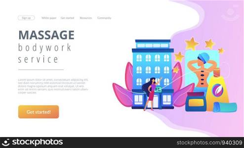 Business woman giving rating stars to hotel with spa and bodywork. Wellness and spa hotel, enjoyable lifestyle, massage and bodywork service concept. Website vibrant violet landing web page template.. Wellness and spa hotel concept landing page.