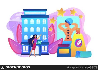 Business woman giving rating stars to hotel with spa and bodywork. Wellness and spa hotel, enjoyable lifestyle, massage and bodywork service concept. Bright vibrant violet vector isolated illustration. Wellness and spa hotel concept vector illustration.