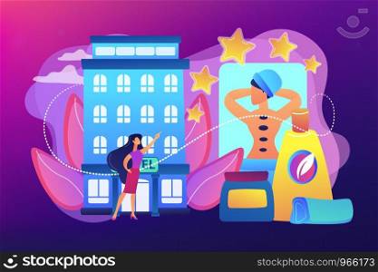 Business woman giving rating stars to hotel with spa and bodywork. Wellness and spa hotel, enjoyable lifestyle, massage and bodywork service concept. Bright vibrant violet vector isolated illustration. Wellness and spa hotel concept vector illustration.