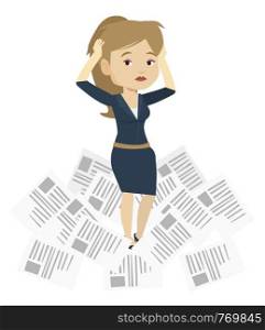 Business woman having a lot of paperwork. Young business woman surrounded by lots of papers. Business woman standing in the heap of papers. Vector flat design illustration isolated on white background. Stressed business woman having lots of work to do.