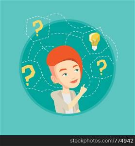 Business woman having creative idea. Business woman standing with question marks and idea bulb above head. Business idea concept. Vector flat design illustration in the circle isolated on background.. Businesswoman having business idea.