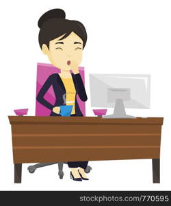 Business woman holding cup of coffee and yawning while working in office. Exhausted business woman yawning and drinking coffee at work. Vector flat design illustration isolated on white background.. Tired employee yawning in office.