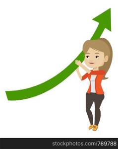 Business woman holding graph going up. Business woman with growth graph. Business woman changing the path of graph to a positive increase. Vector flat design illustration isolated on white background.. Business woman holding arrow going up.