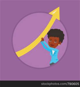 Business woman holding graph going up. Business woman with growth graph. Woman changing the path of graph to a positive increase. Vector flat design illustration in the circle isolated on background.. Business woman holding arrow going up.